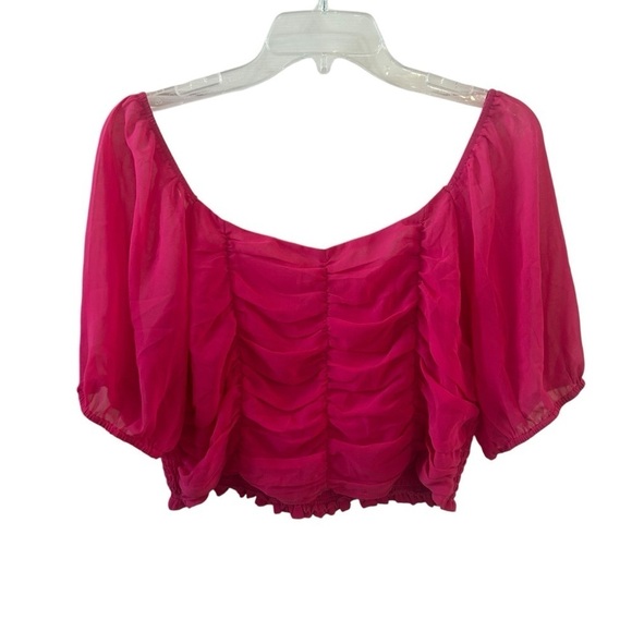 Hot Pink Milkmaid Coquette Blouse Sheer Ruched Sleeves Smocked Fairycore L - Picture 2 of 7